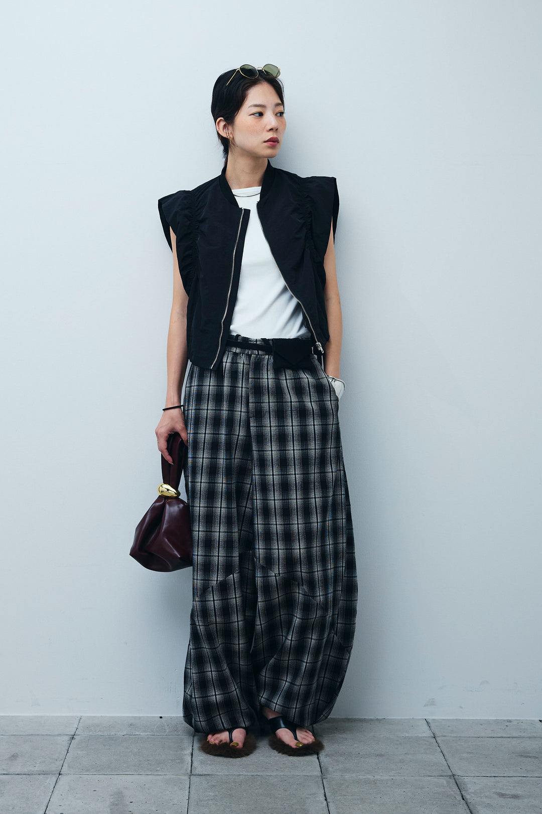 [予約/SET]ノースリギャザーブルゾン+チェックバレルレッグワイドパンツ(2set)