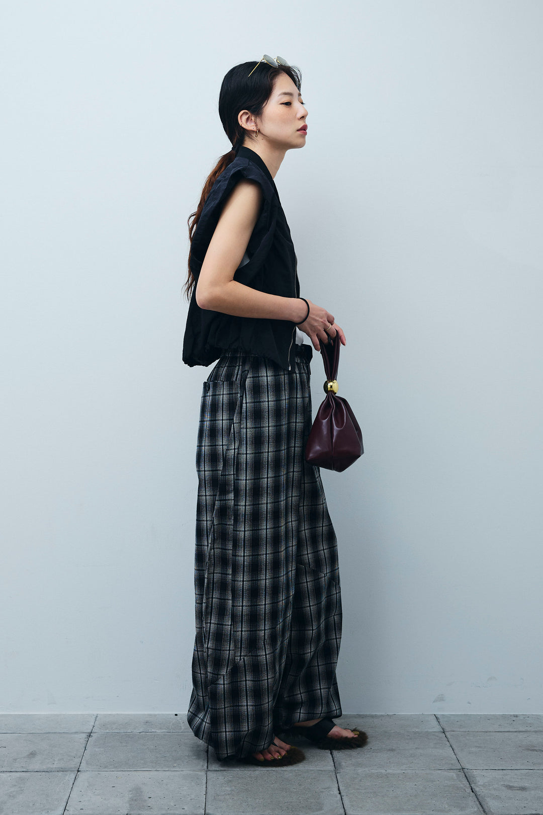 [予約/SET]ノースリギャザーブルゾン+チェックバレルレッグワイドパンツ(2set)