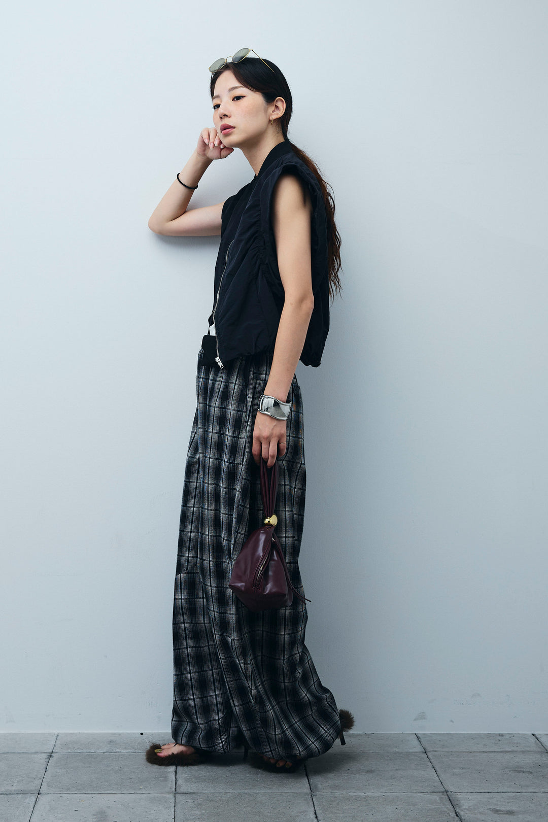 [予約/SET]ノースリギャザーブルゾン+チェックバレルレッグワイドパンツ(2set)