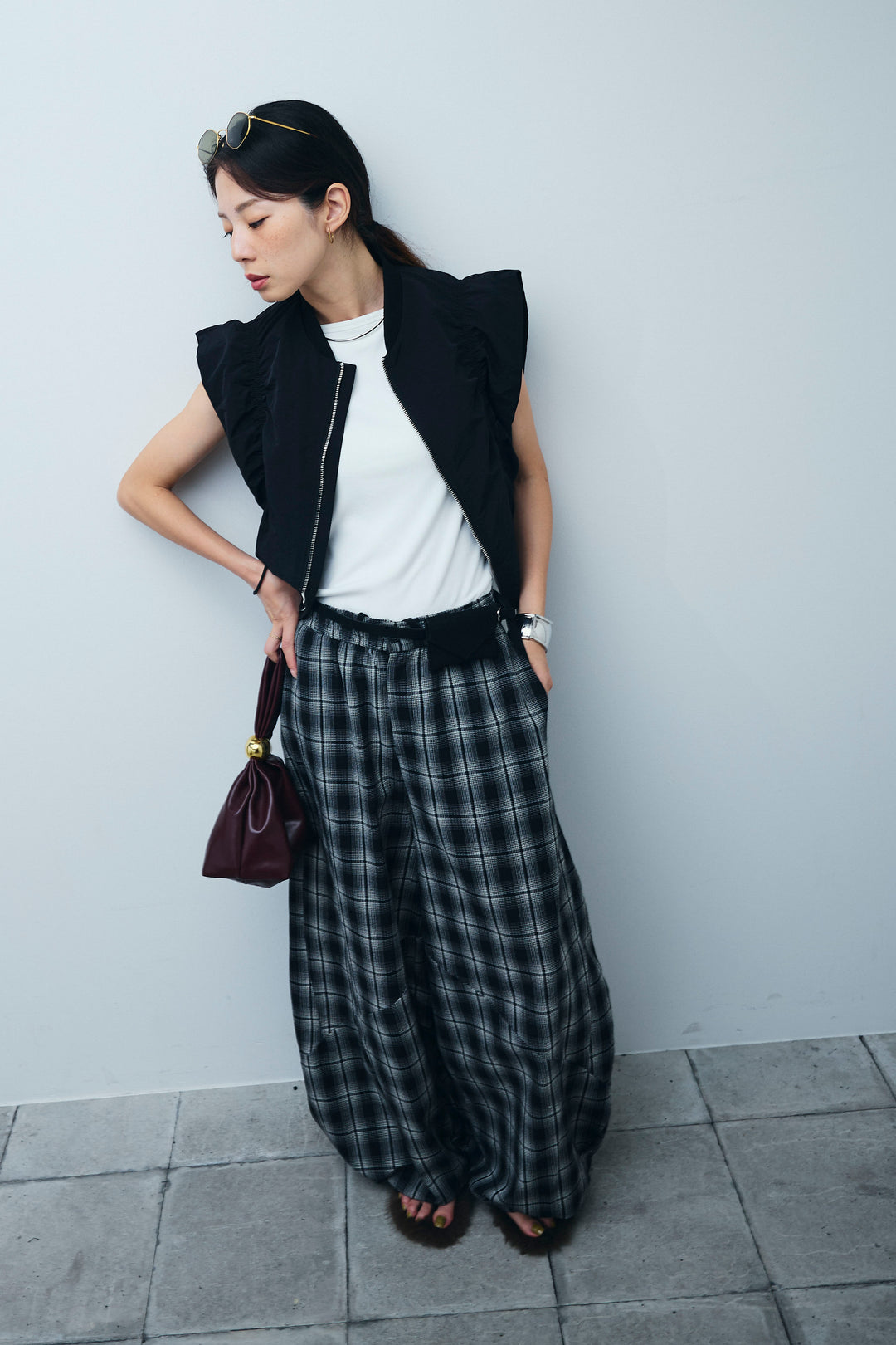 [予約/SET]ノースリギャザーブルゾン+チェックバレルレッグワイドパンツ(2set)