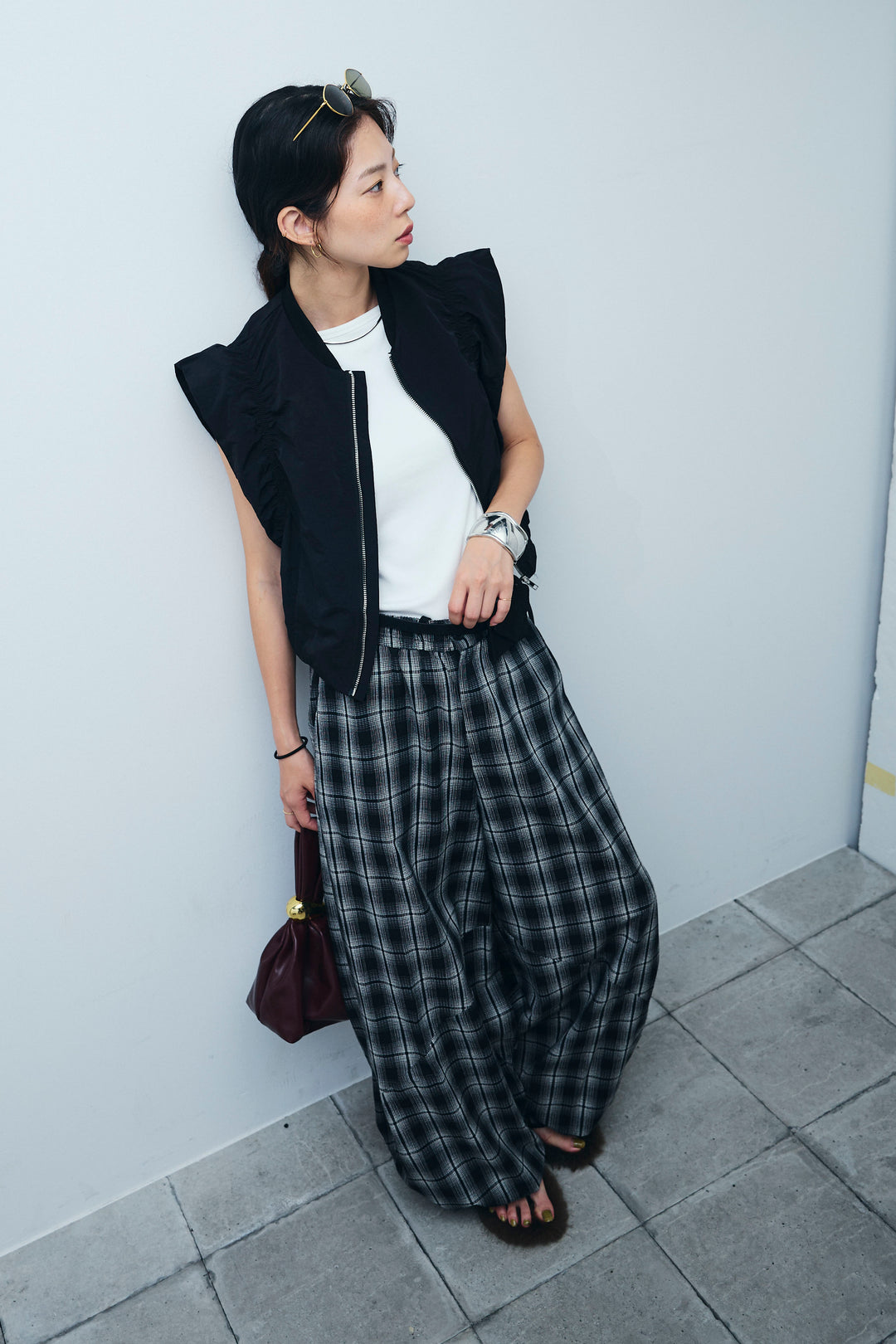 [予約/SET]ノースリギャザーブルゾン+チェックバレルレッグワイドパンツ(2set)