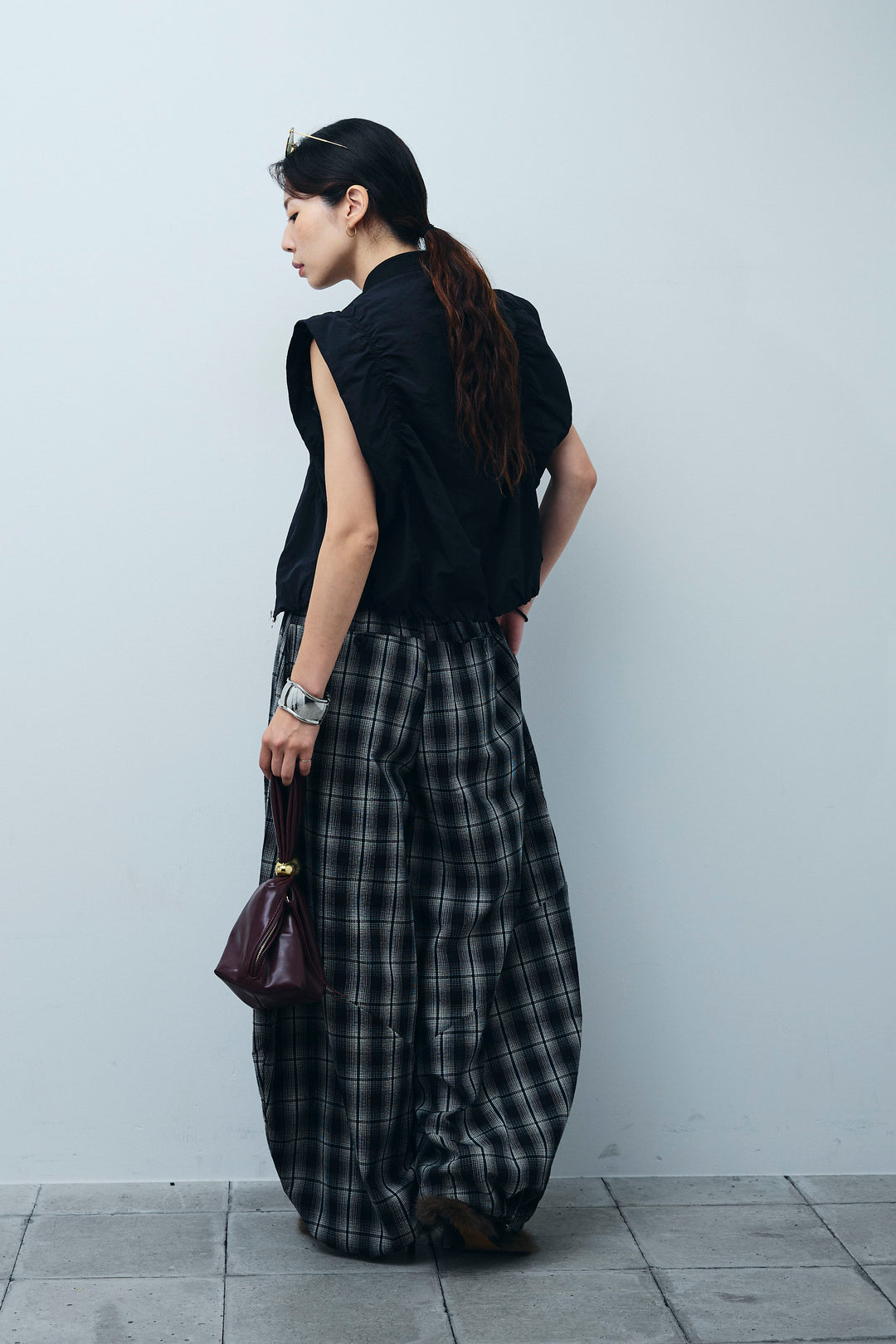 [予約/SET]ノースリギャザーブルゾン+チェックバレルレッグワイドパンツ(2set)