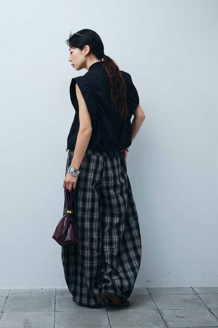 [予約/SET]ノースリギャザーブルゾン+チェックバレルレッグワイドパンツ(2set)