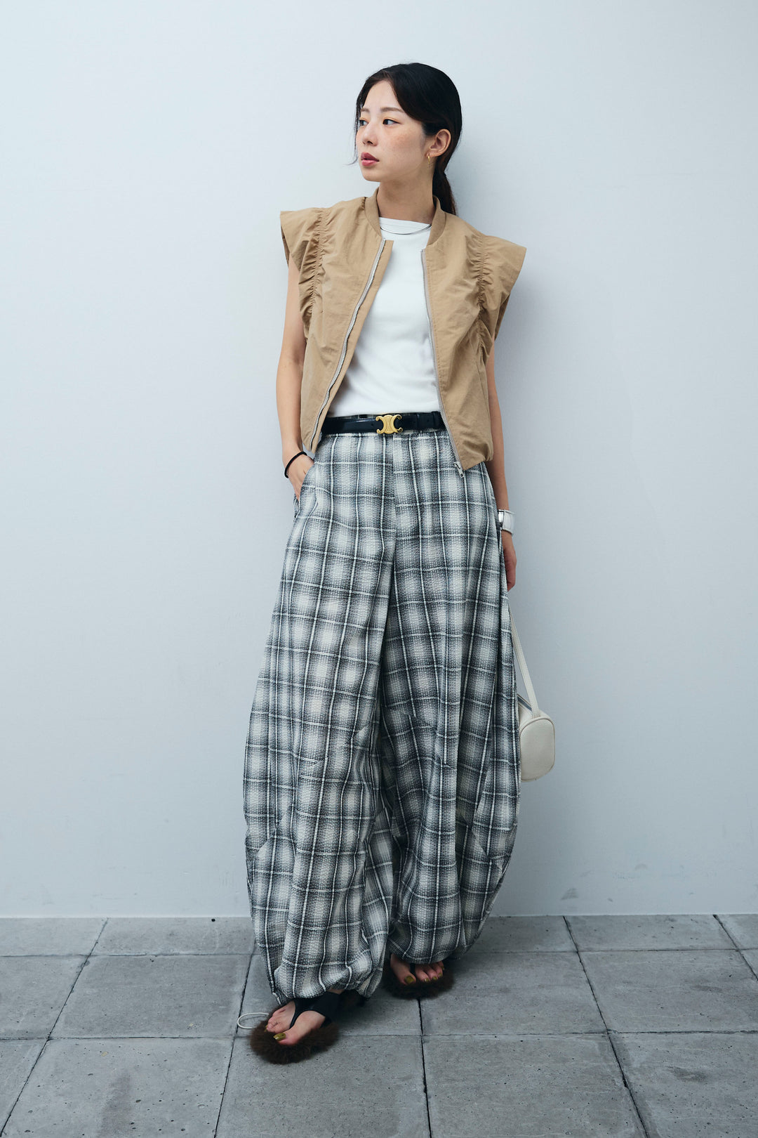 [予約/SET]ノースリギャザーブルゾン+チェックバレルレッグワイドパンツ(2set)