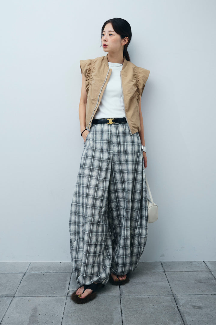 [予約/SET]ノースリギャザーブルゾン+チェックバレルレッグワイドパンツ(2set)