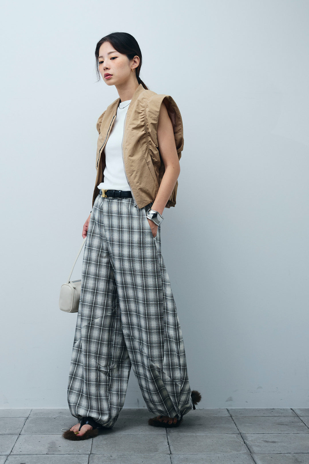 [予約/SET]ノースリギャザーブルゾン+チェックバレルレッグワイドパンツ(2set)