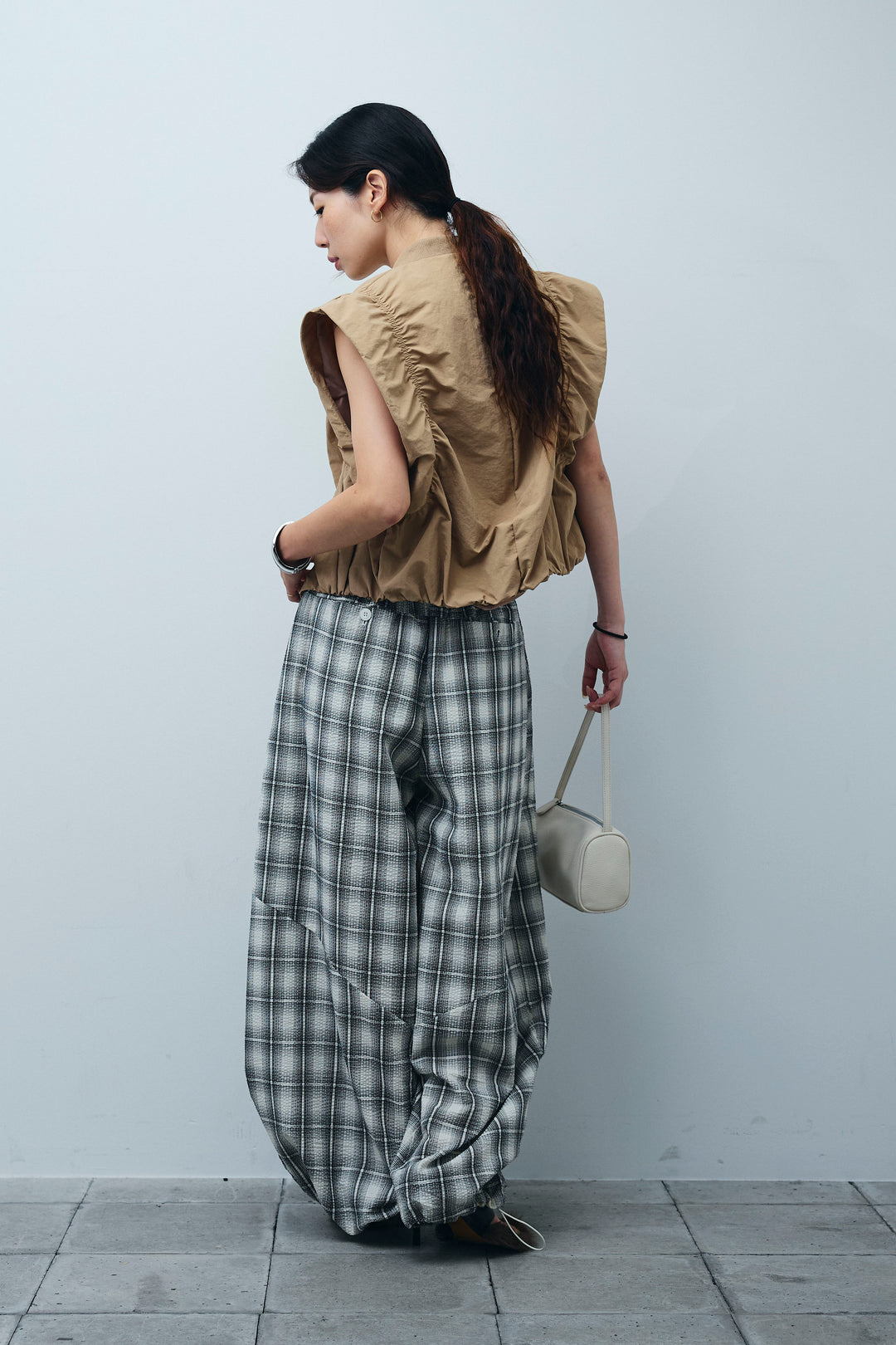 [予約/SET]ノースリギャザーブルゾン+チェックバレルレッグワイドパンツ(2set)