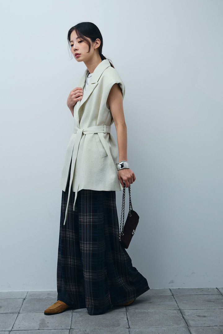 [予約/SET]リネン混ノースリジャケット+シアーチェックスーパーワイドパンツ(2set)
