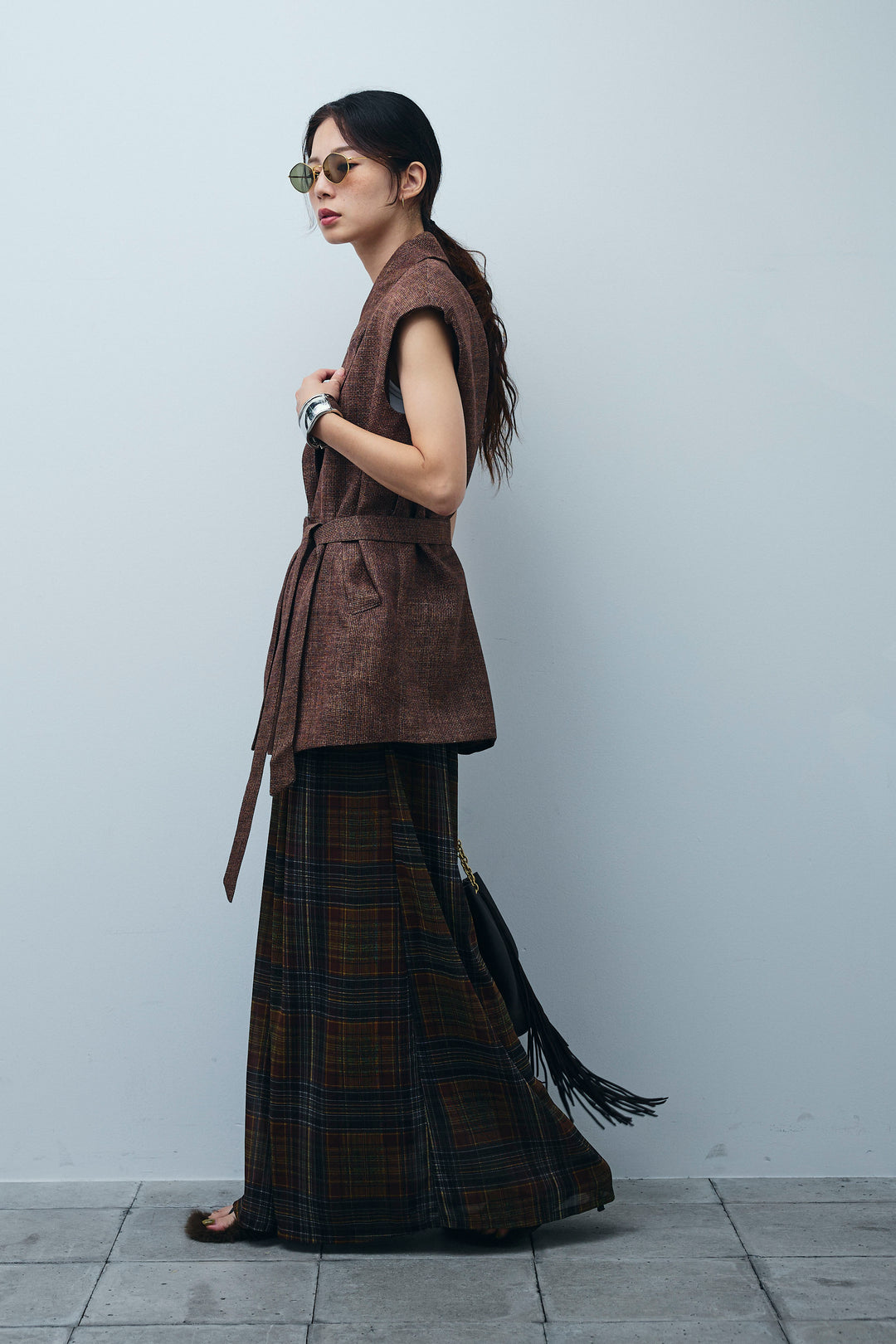 [予約/SET]リネン混ノースリジャケット+シアーチェックスーパーワイドパンツ(2set)