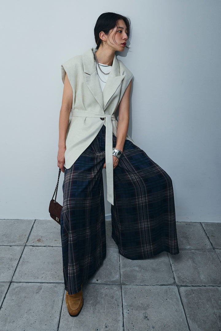 [予約/SET]リネン混ノースリジャケット+シアーチェックスーパーワイドパンツ(2set)