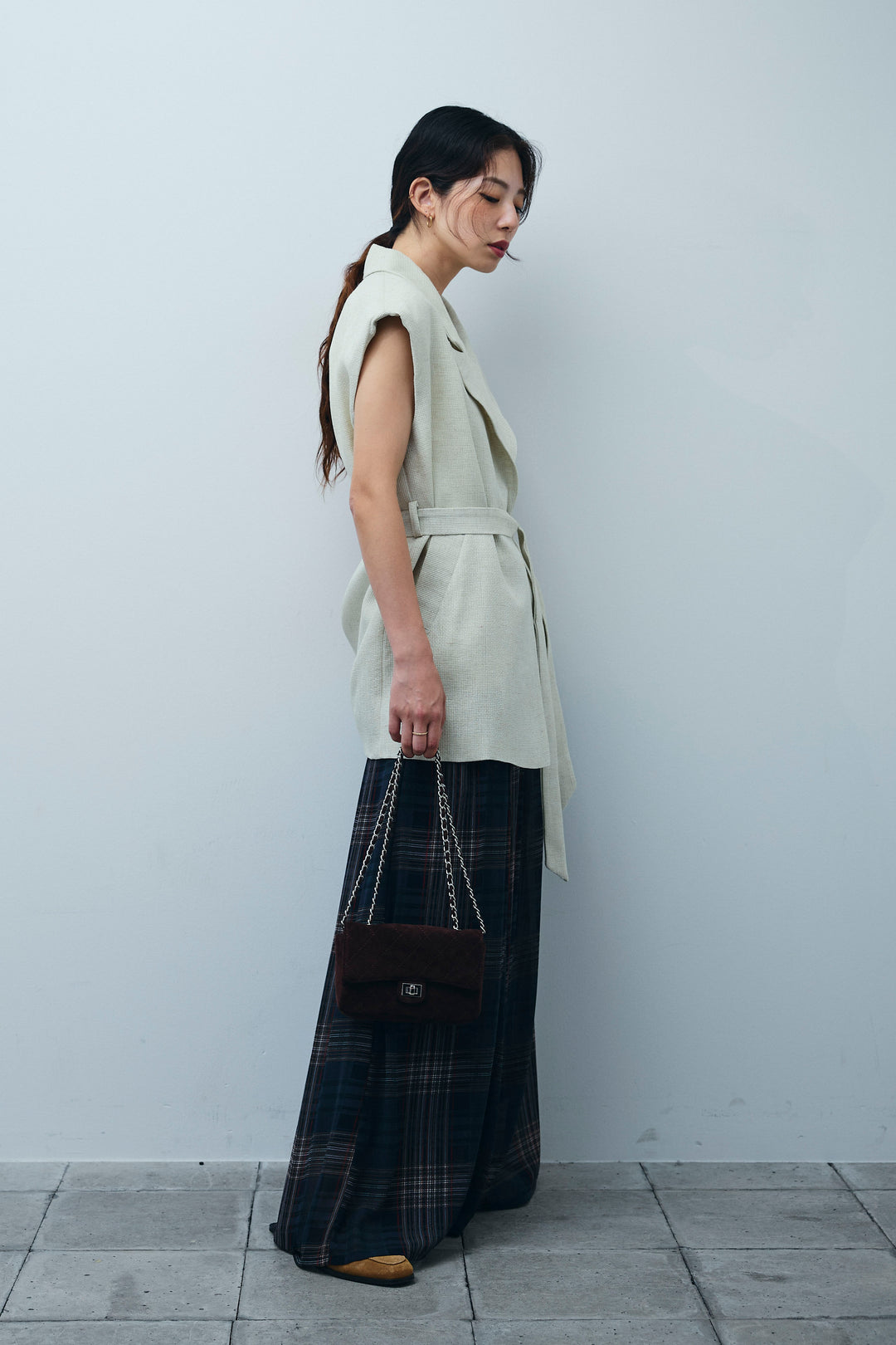 [予約/SET]リネン混ノースリジャケット+シアーチェックスーパーワイドパンツ(2set)