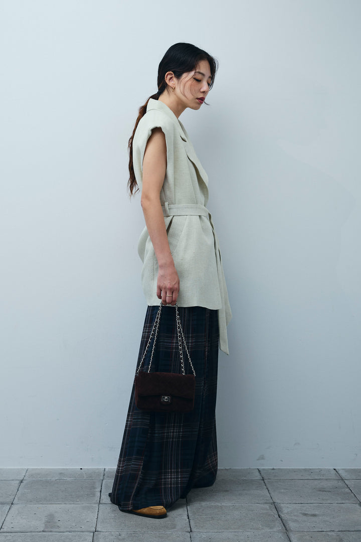 [予約/SET]リネン混ノースリジャケット+シアーチェックスーパーワイドパンツ(2set)