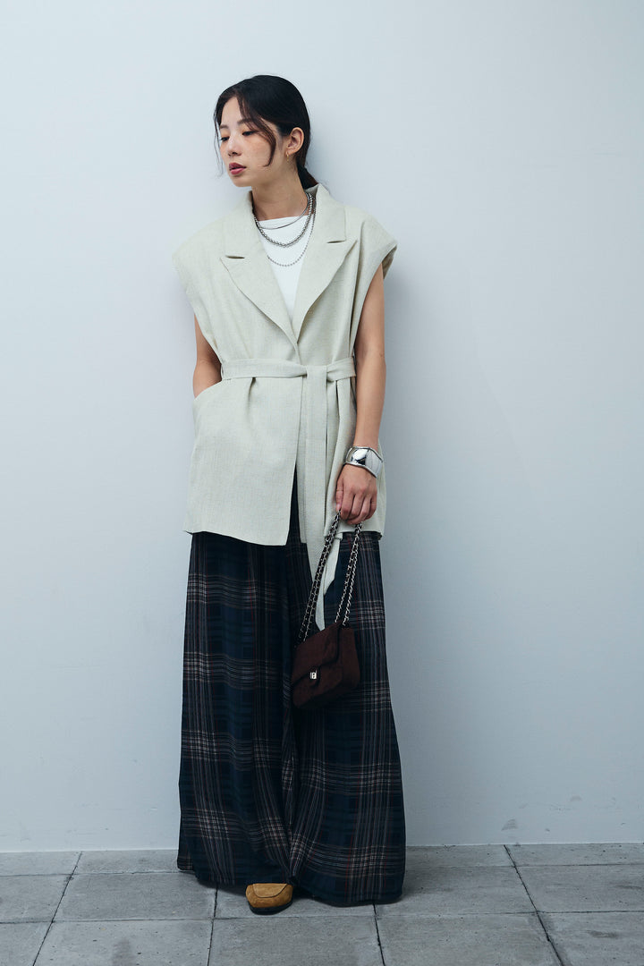 [予約/SET]リネン混ノースリジャケット+シアーチェックスーパーワイドパンツ(2set)