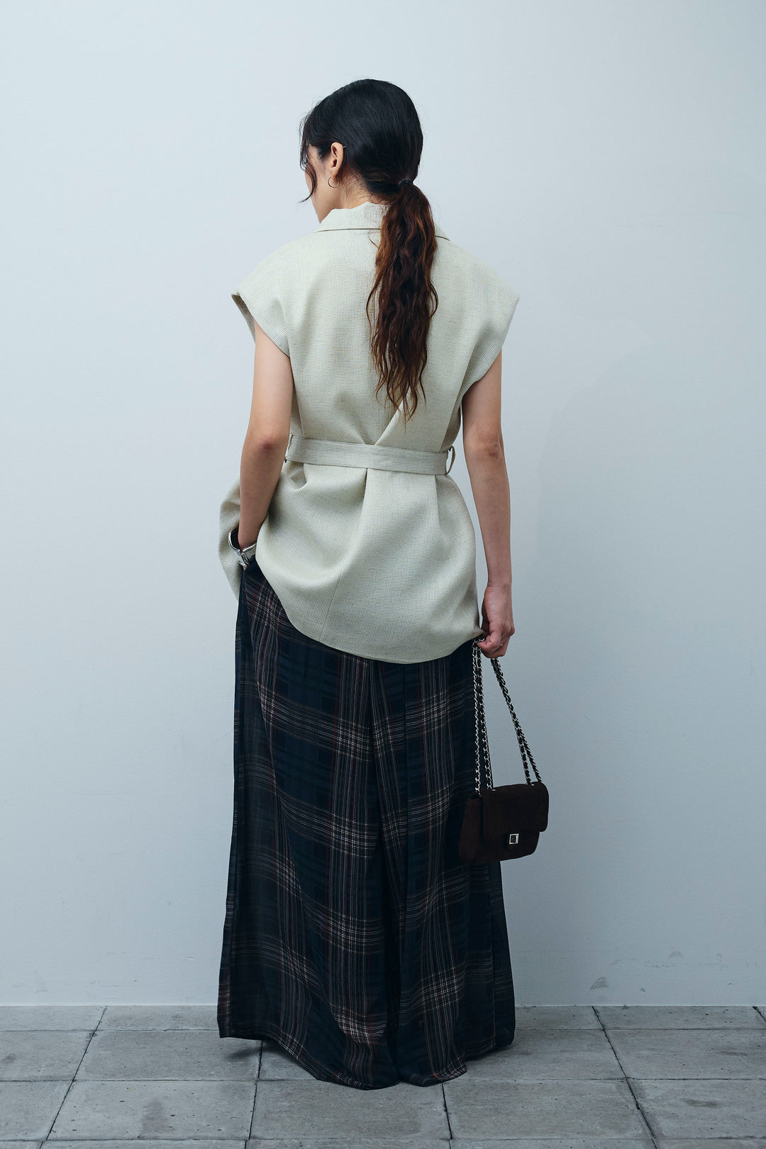 [予約/SET]リネン混ノースリジャケット+シアーチェックスーパーワイドパンツ(2set)