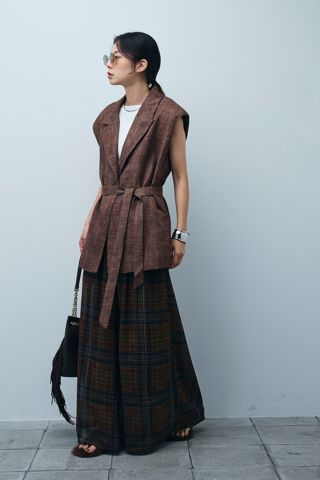 [予約/SET]リネン混ノースリジャケット+シアーチェックスーパーワイドパンツ(2set)