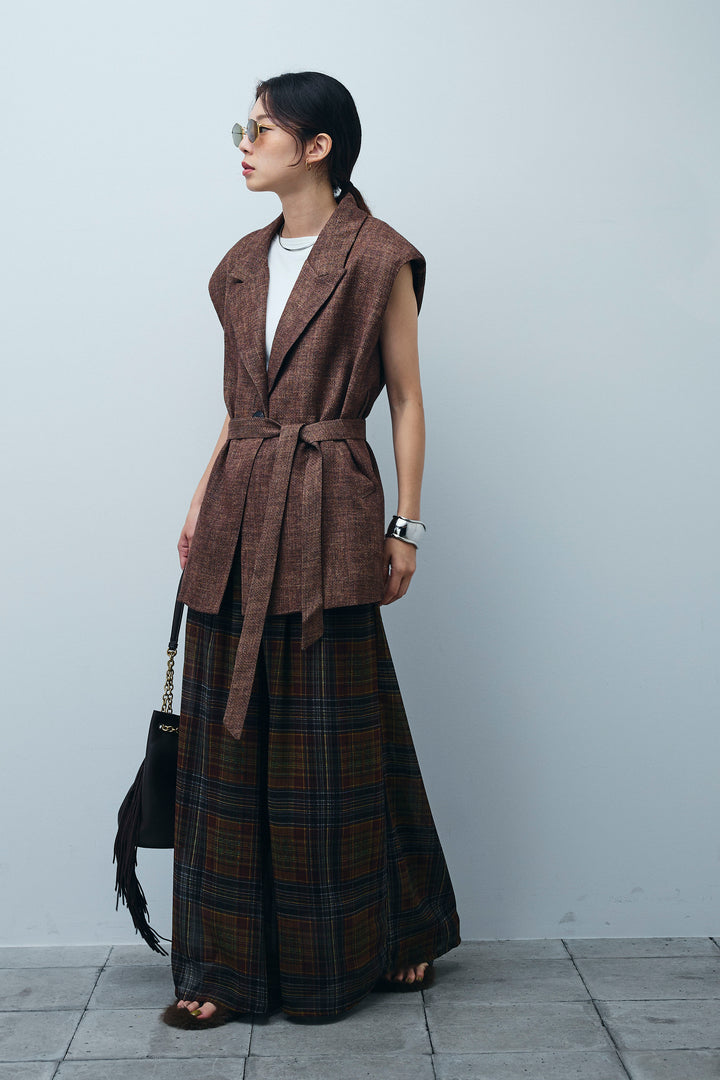 [予約/SET]リネン混ノースリジャケット+シアーチェックスーパーワイドパンツ(2set)