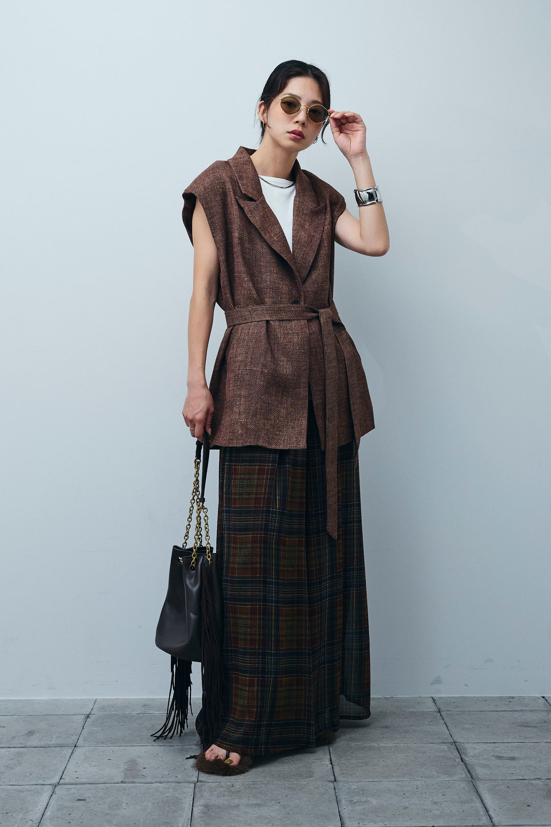 [予約/SET]リネン混ノースリジャケット+シアーチェックスーパーワイドパンツ(2set)