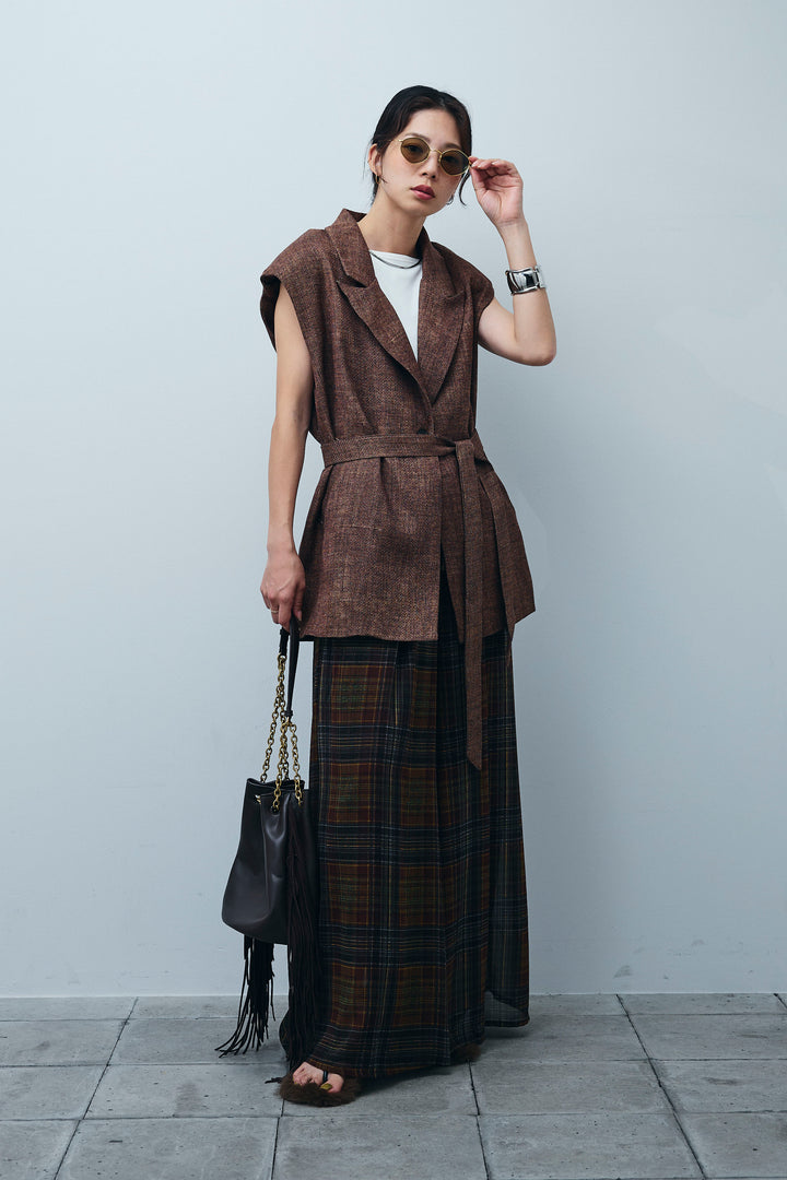 [予約/SET]リネン混ノースリジャケット+シアーチェックスーパーワイドパンツ(2set)