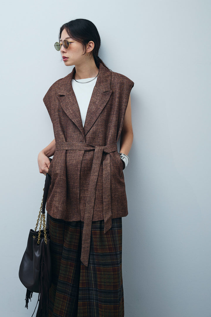 [予約/SET]リネン混ノースリジャケット+シアーチェックスーパーワイドパンツ(2set)