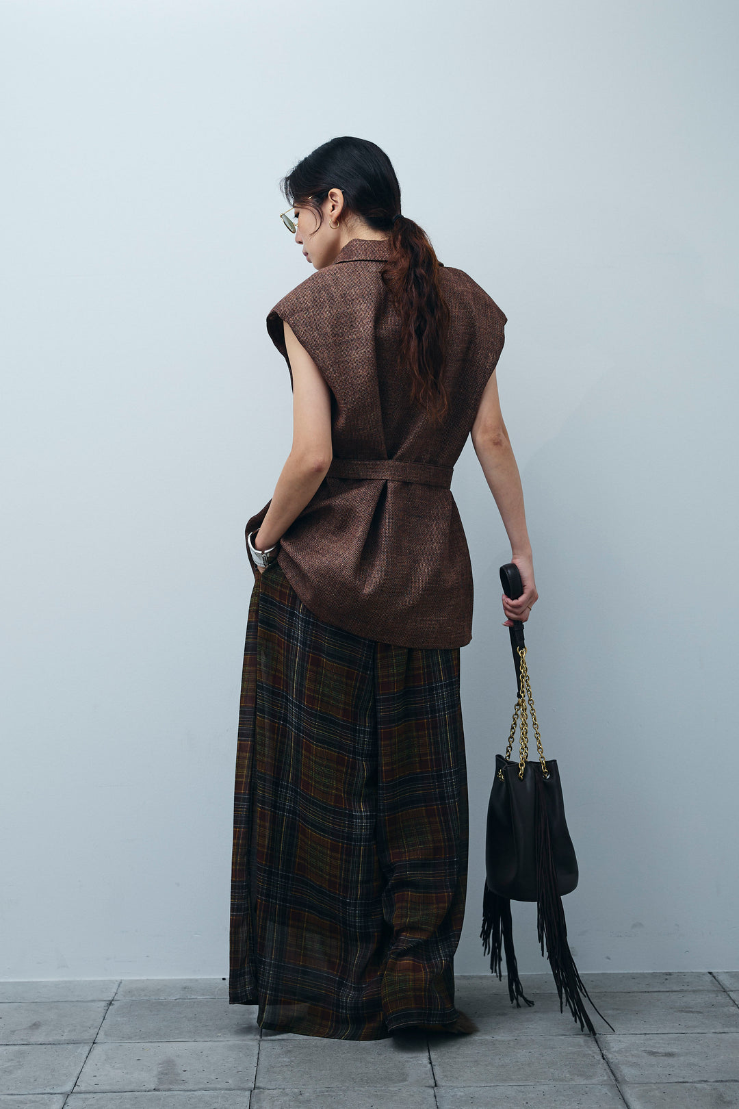 [予約/SET]リネン混ノースリジャケット+シアーチェックスーパーワイドパンツ(2set)