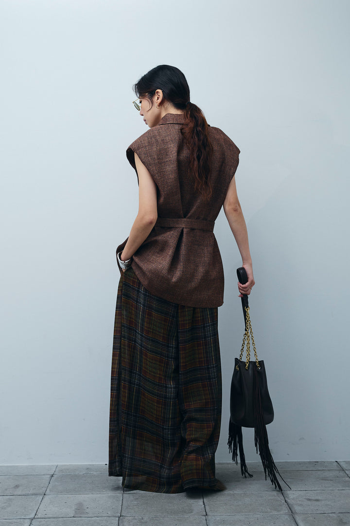 [予約/SET]リネン混ノースリジャケット+シアーチェックスーパーワイドパンツ(2set)