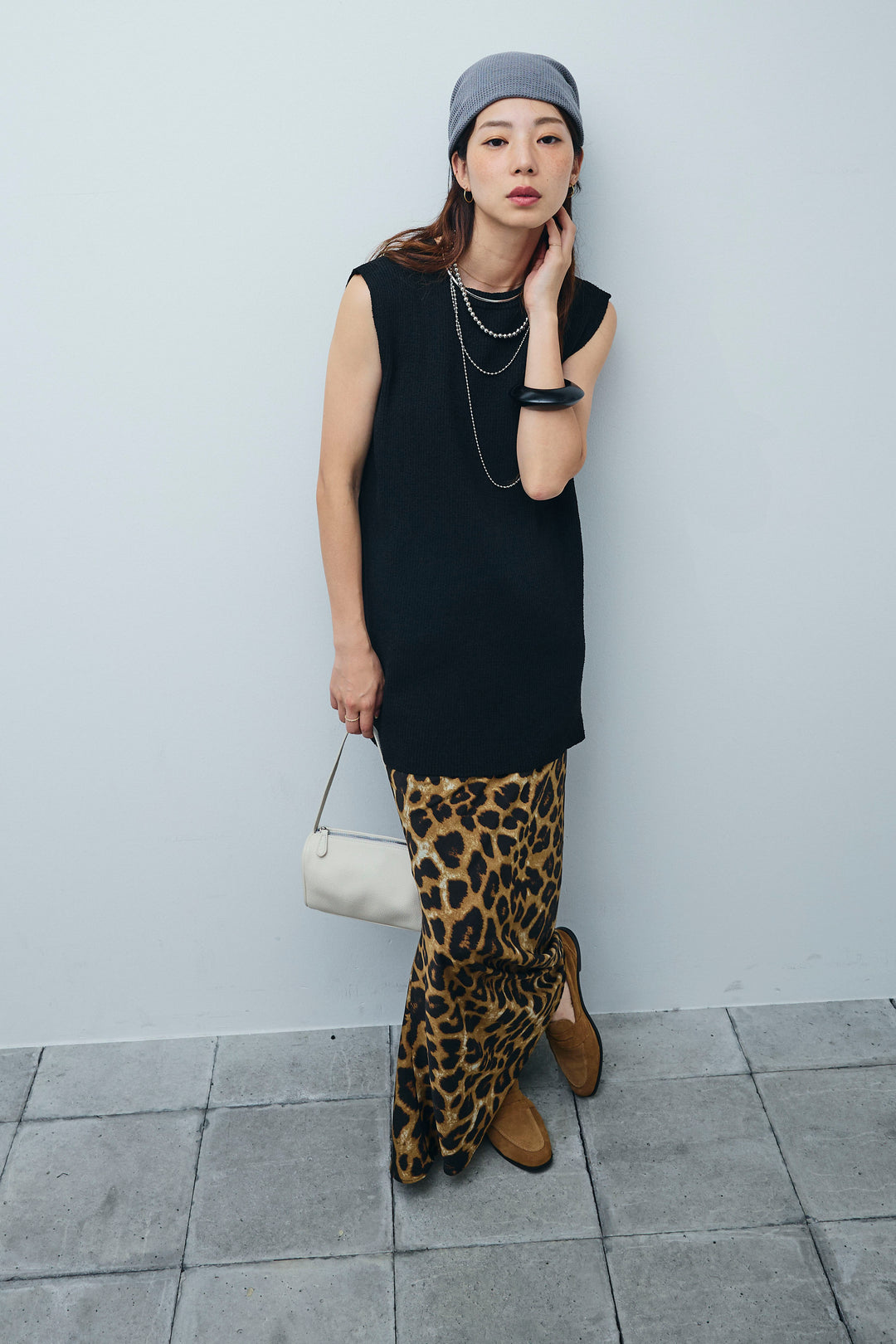 [予約/SET]ミニループバックスリットニット+レオパードナロースカート(2set)