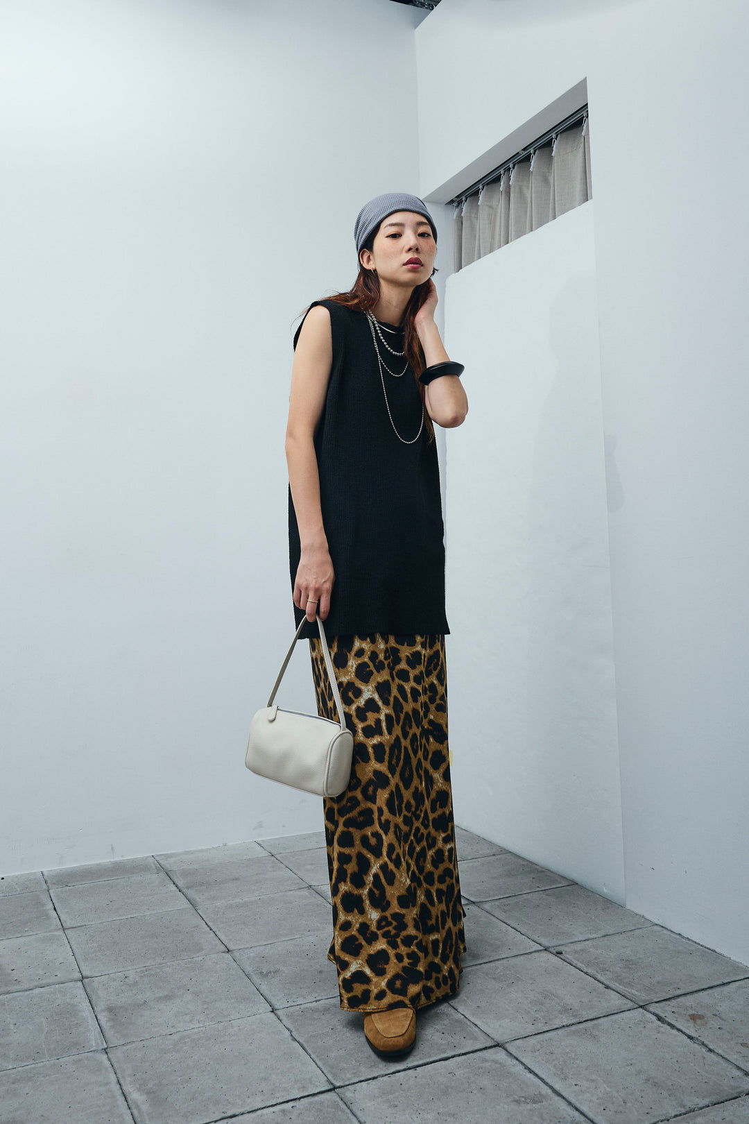 [予約/SET]ミニループバックスリットニット+レオパードナロースカート(2set)