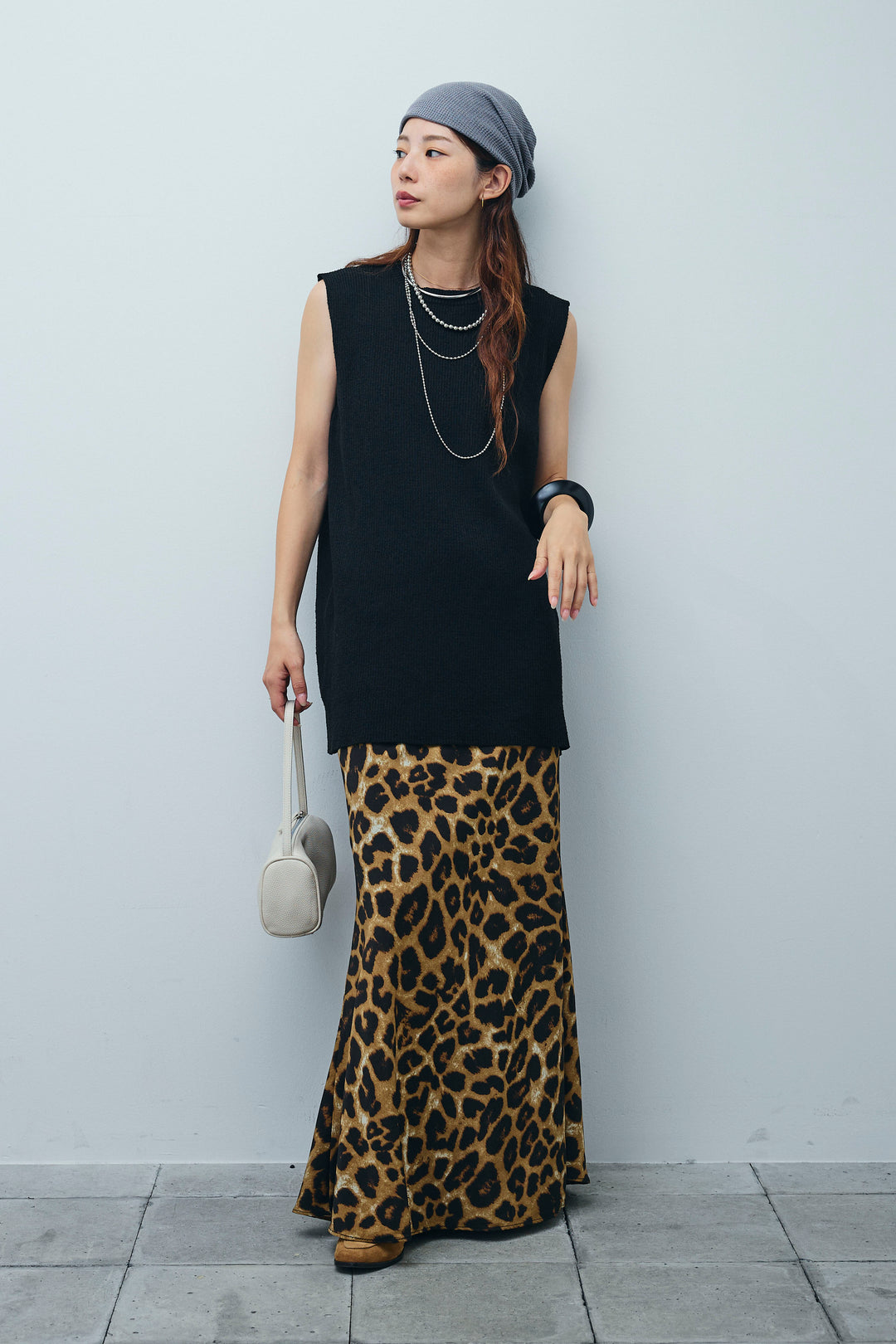 [予約/SET]ミニループバックスリットニット+レオパードナロースカート(2set)