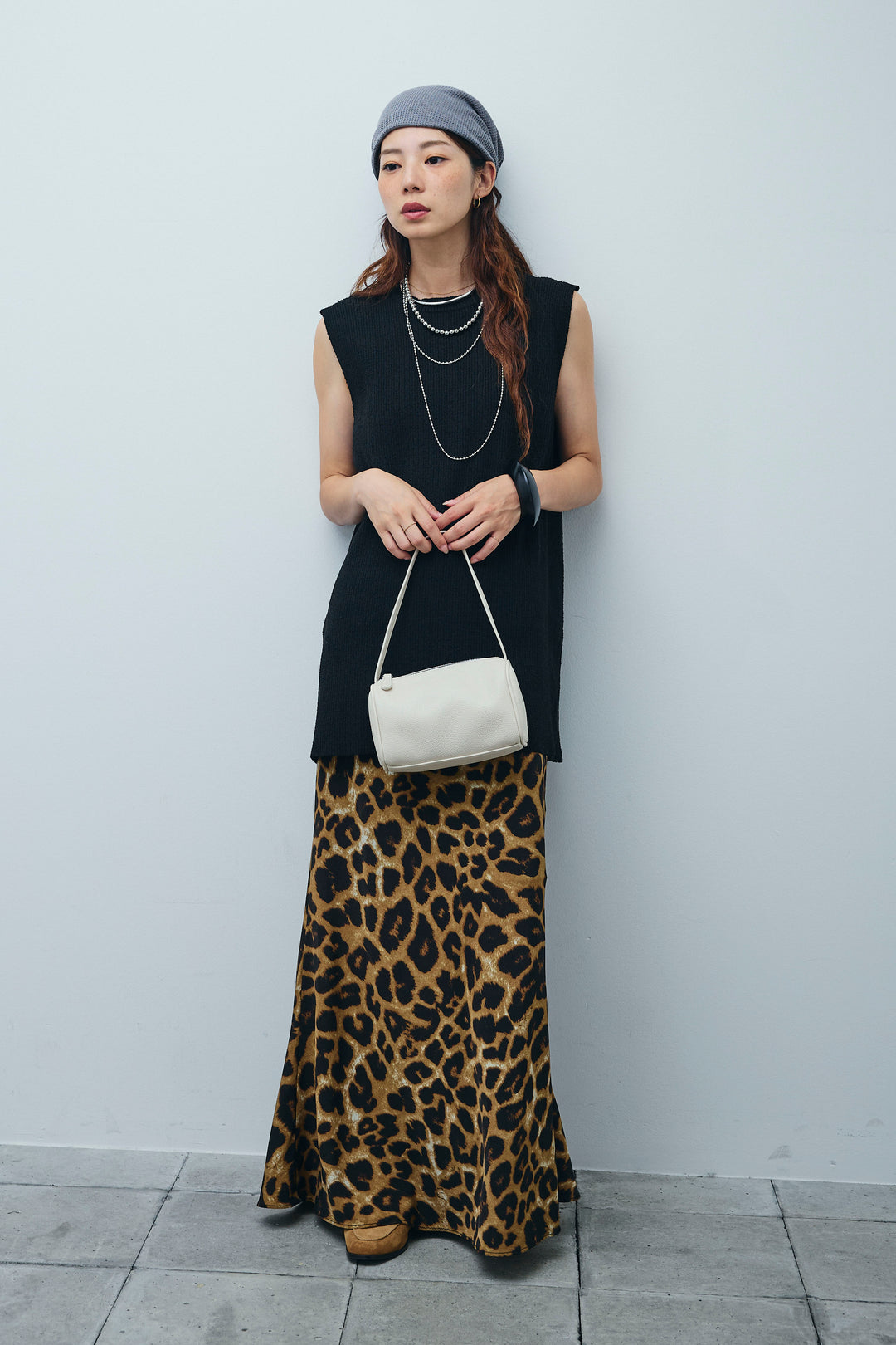 [予約/SET]ミニループバックスリットニット+レオパードナロースカート(2set)