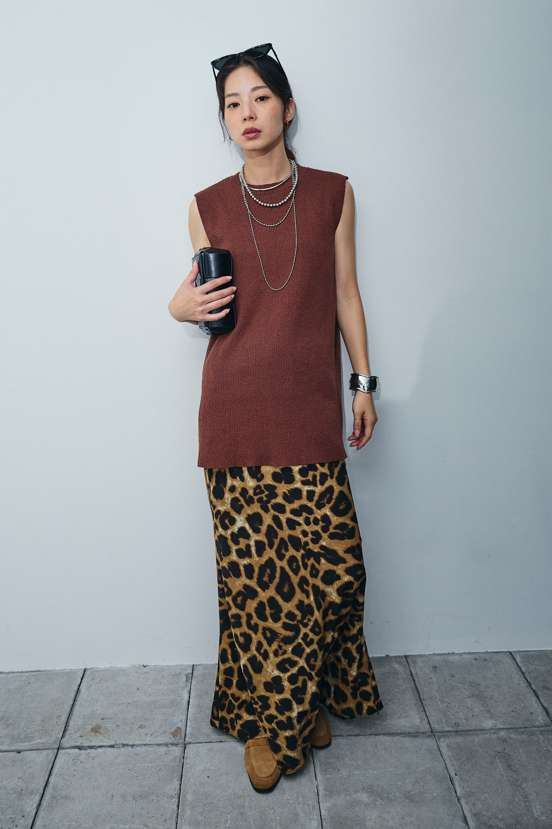 [予約/SET]ミニループバックスリットニット+レオパードナロースカート(2set)