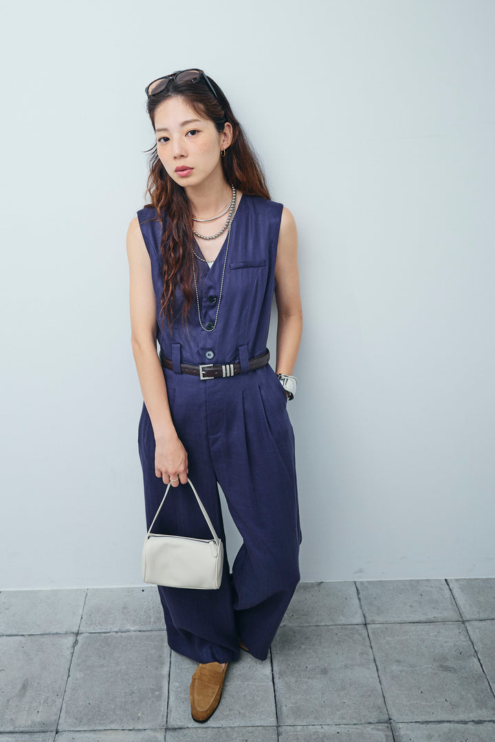 [予約]リネン混ベルト付きVネックオールインワン