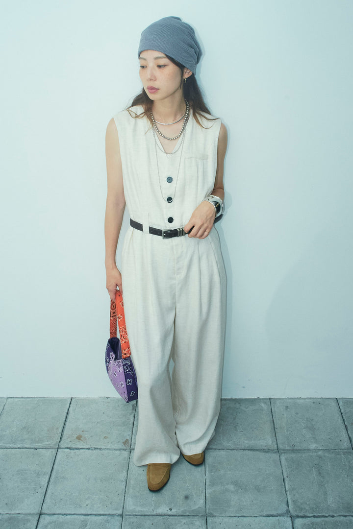 [予約]リネン混ベルト付きVネックオールインワン