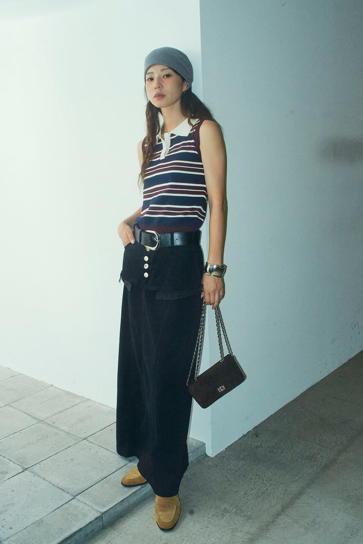 [予約/SET]マルチストライプノースリーブポロ+レイヤードデザインワイドスカート(2set)