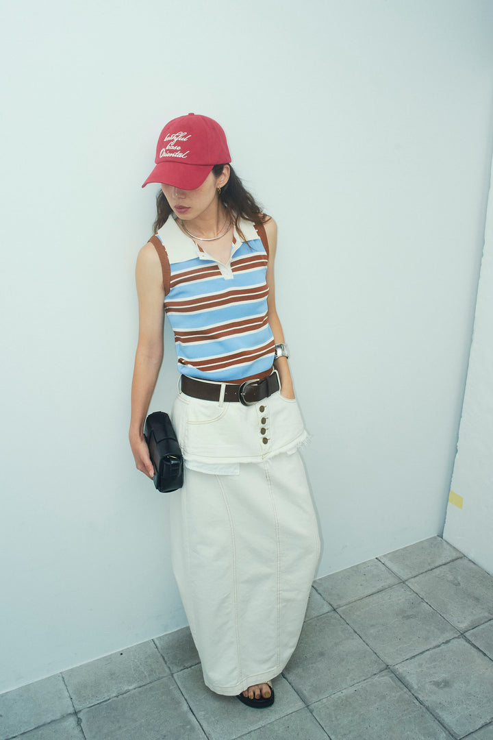 [予約/SET]マルチストライプノースリーブポロ+レイヤードデザインワイドスカート(2set)