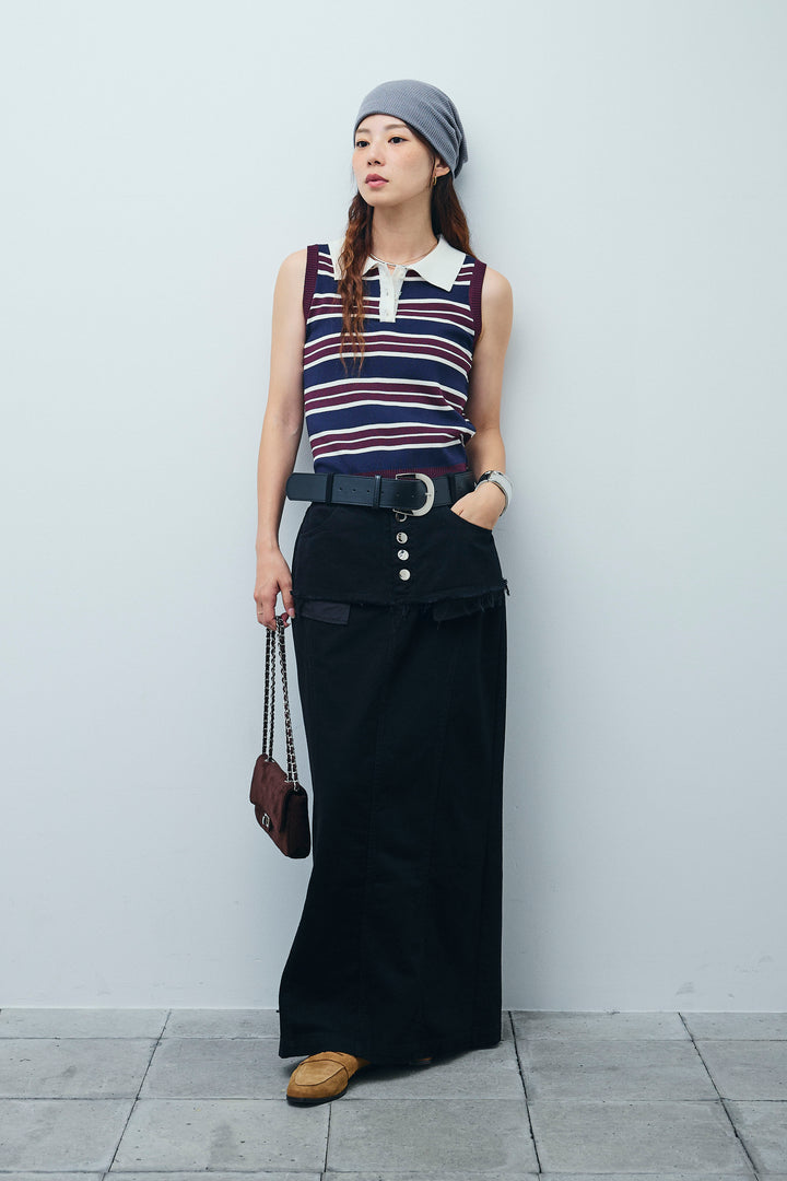 [予約/SET]マルチストライプノースリーブポロ+レイヤードデザインワイドスカート(2set)