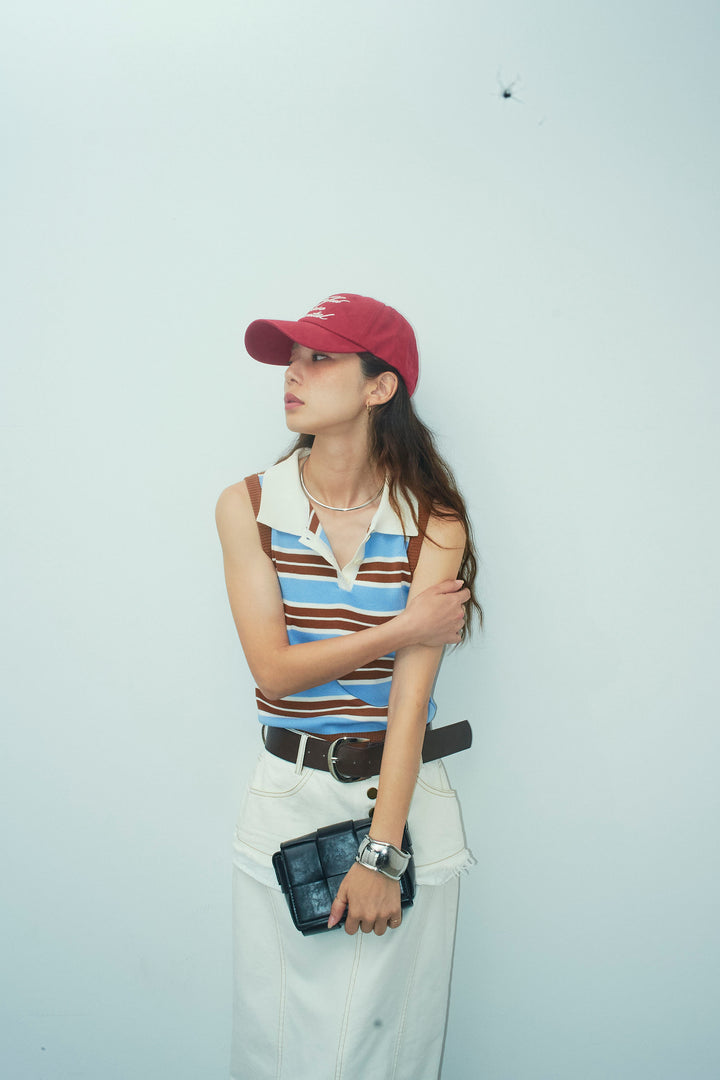 [予約/SET]マルチストライプノースリーブポロ+レイヤードデザインワイドスカート(2set)