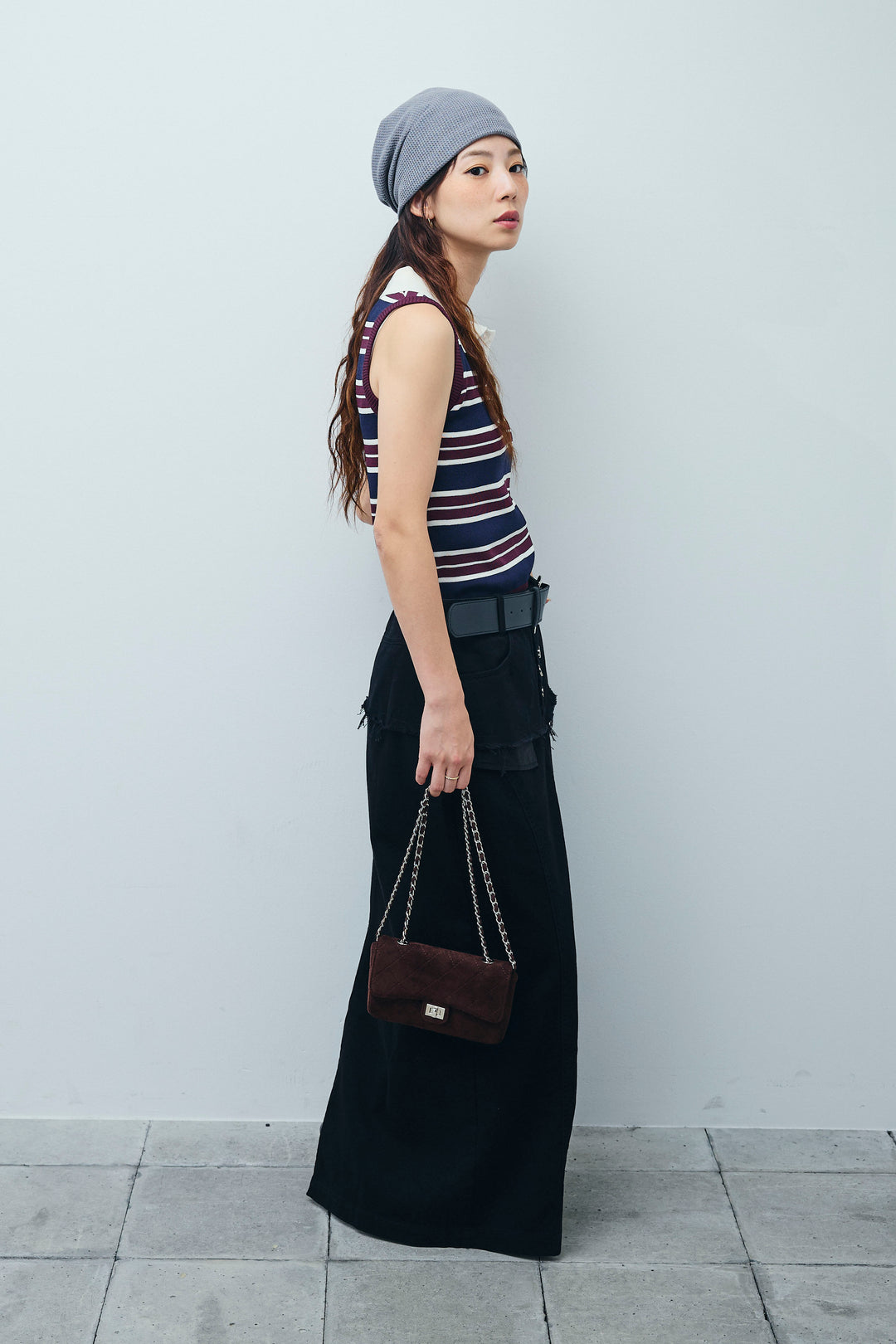 [予約/SET]マルチストライプノースリーブポロ+レイヤードデザインワイドスカート(2set)