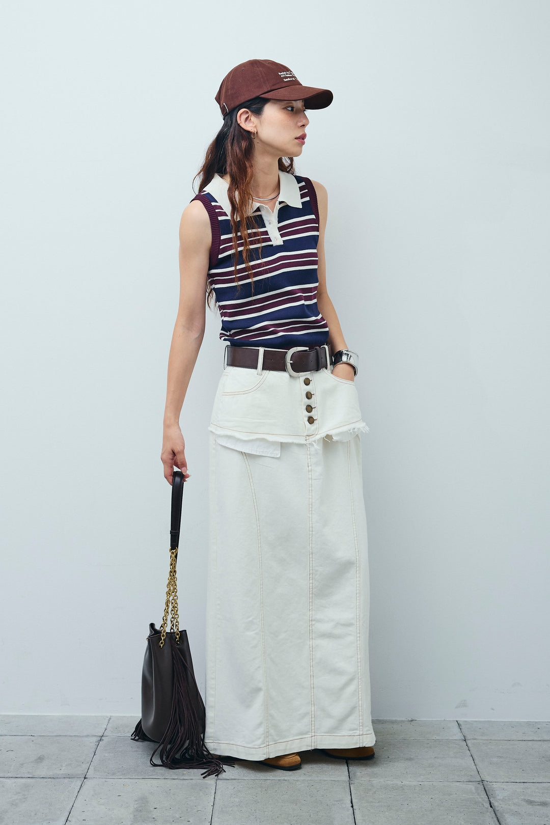 [予約/SET]マルチストライプノースリーブポロ+レイヤードデザインワイドスカート(2set)