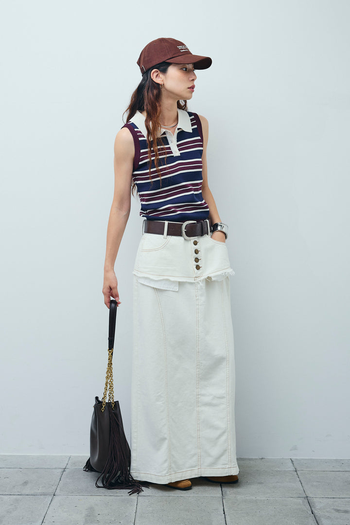 [予約/SET]マルチストライプノースリーブポロ+レイヤードデザインワイドスカート(2set)
