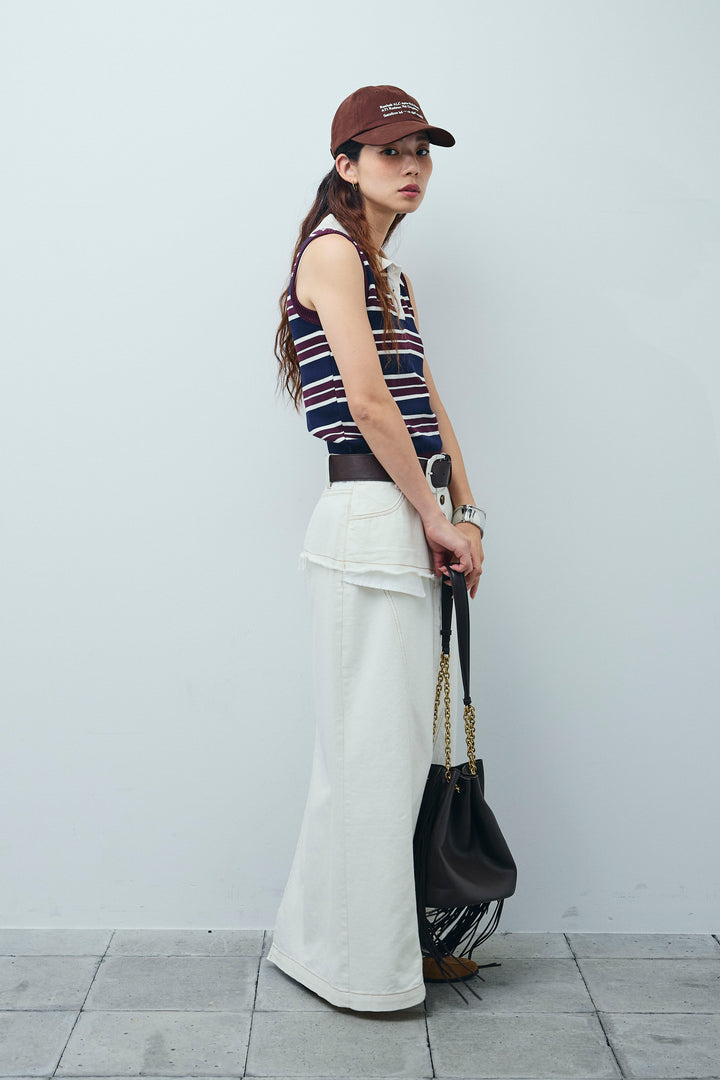 [予約/SET]マルチストライプノースリーブポロ+レイヤードデザインワイドスカート(2set)