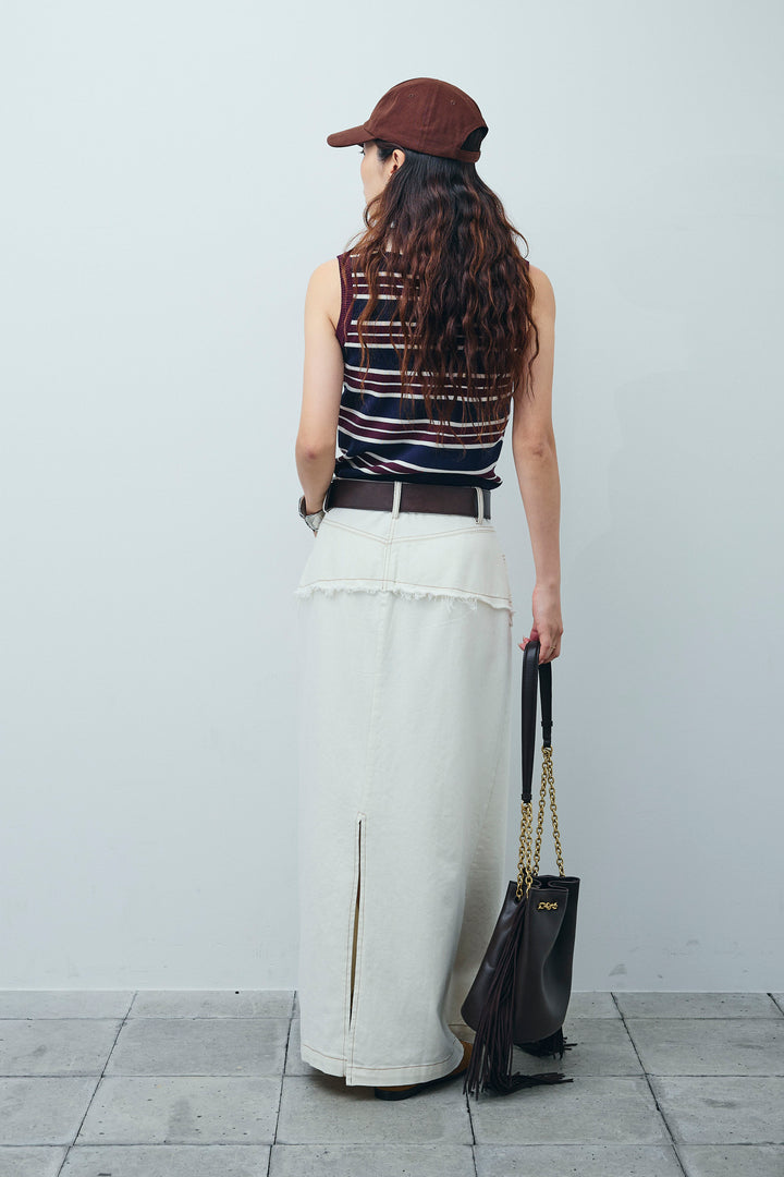 [予約/SET]マルチストライプノースリーブポロ+レイヤードデザインワイドスカート(2set)