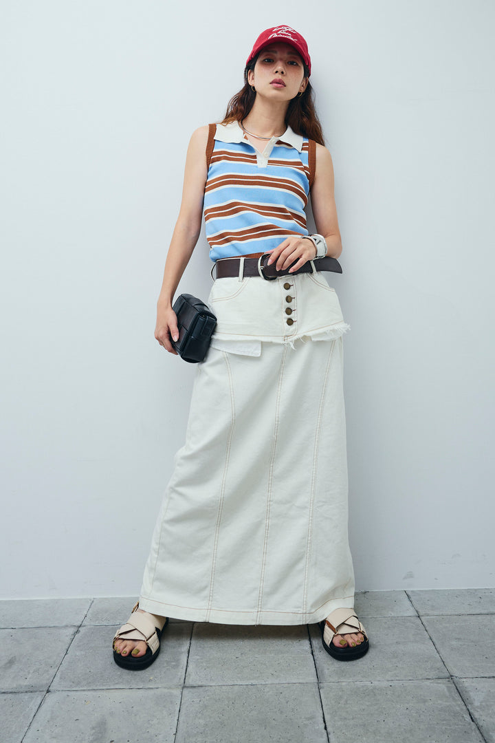 [予約/SET]マルチストライプノースリーブポロ+レイヤードデザインワイドスカート(2set)