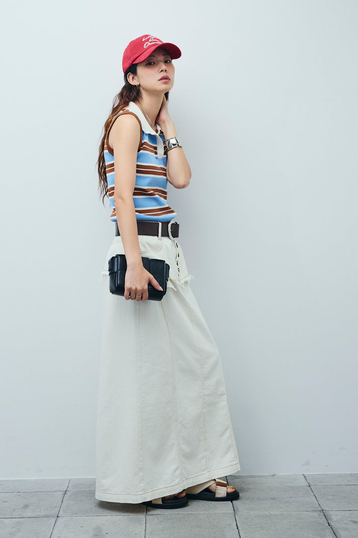 [予約/SET]マルチストライプノースリーブポロ+レイヤードデザインワイドスカート(2set)