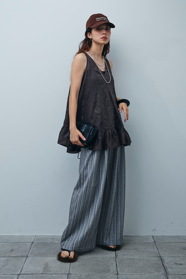 [予約/SET]リネン100%バックレースアップブラウス+ニュアンスラインワイドパンツ(2set)