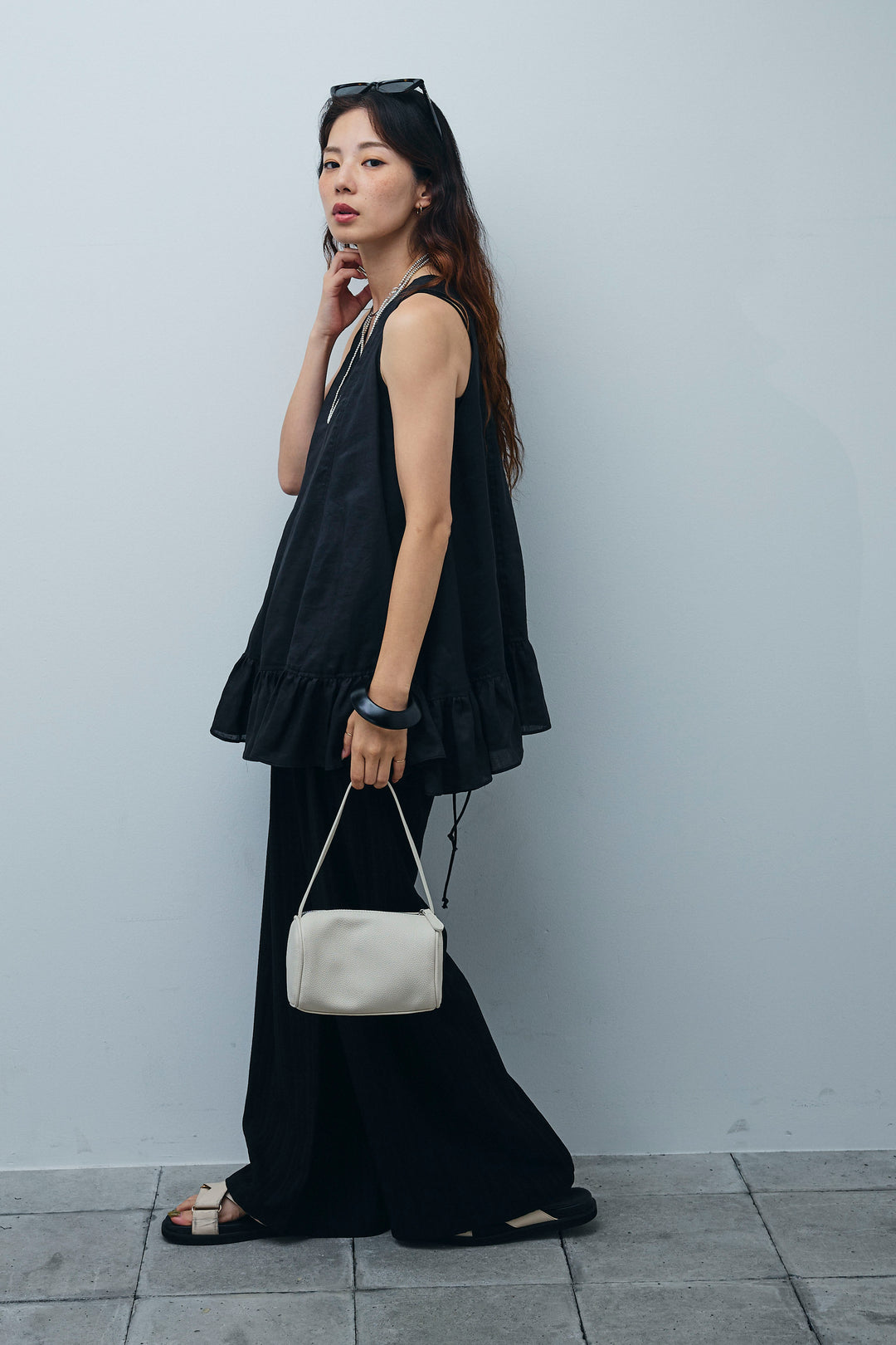 [予約/SET]リネン100%バックレースアップブラウス+ニュアンスラインワイドパンツ(2set)