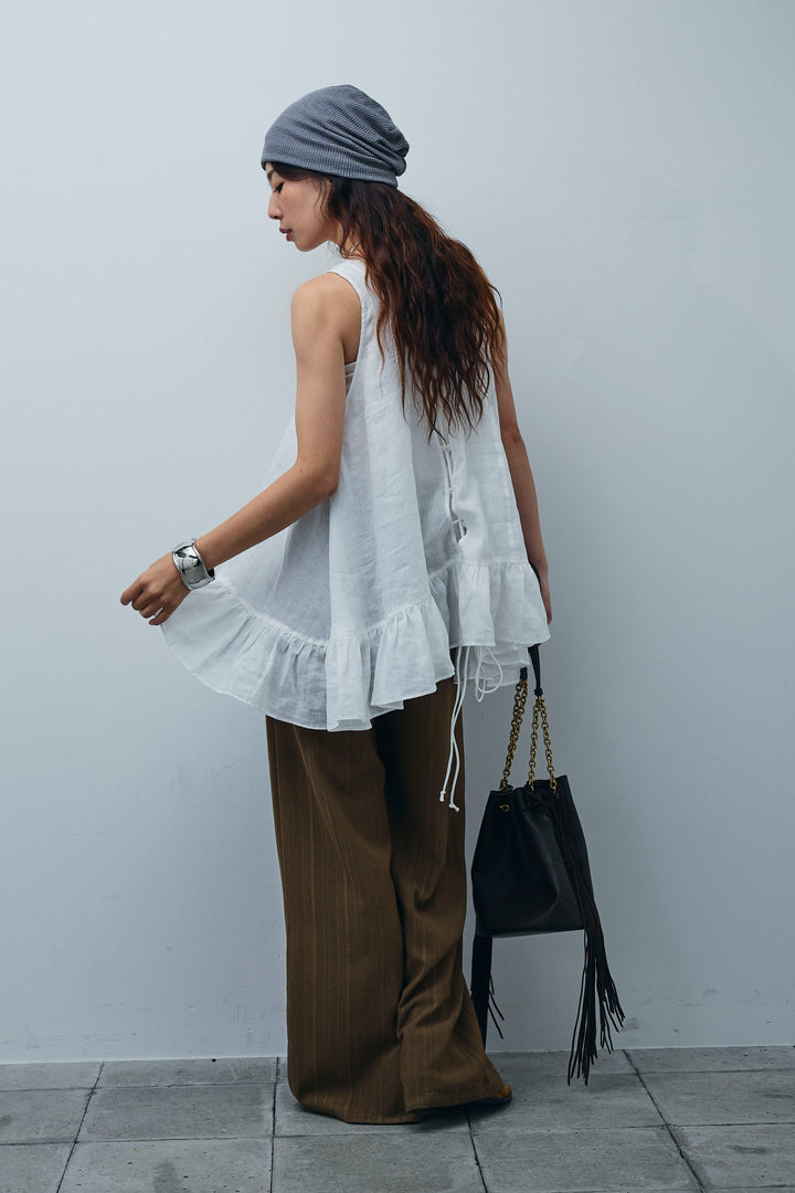 [予約/SET]リネン100%バックレースアップブラウス+ニュアンスラインワイドパンツ(2set)