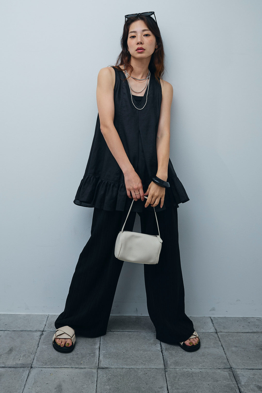 [予約/SET]リネン100%バックレースアップブラウス+ニュアンスラインワイドパンツ(2set)