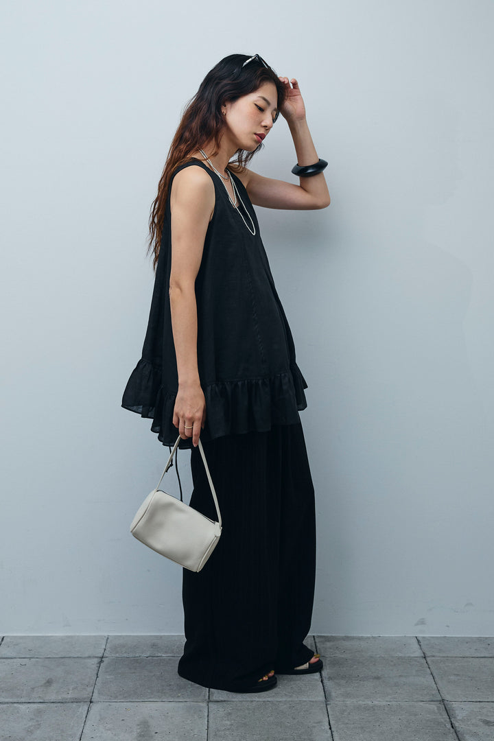 [予約/SET]リネン100%バックレースアップブラウス+ニュアンスラインワイドパンツ(2set)