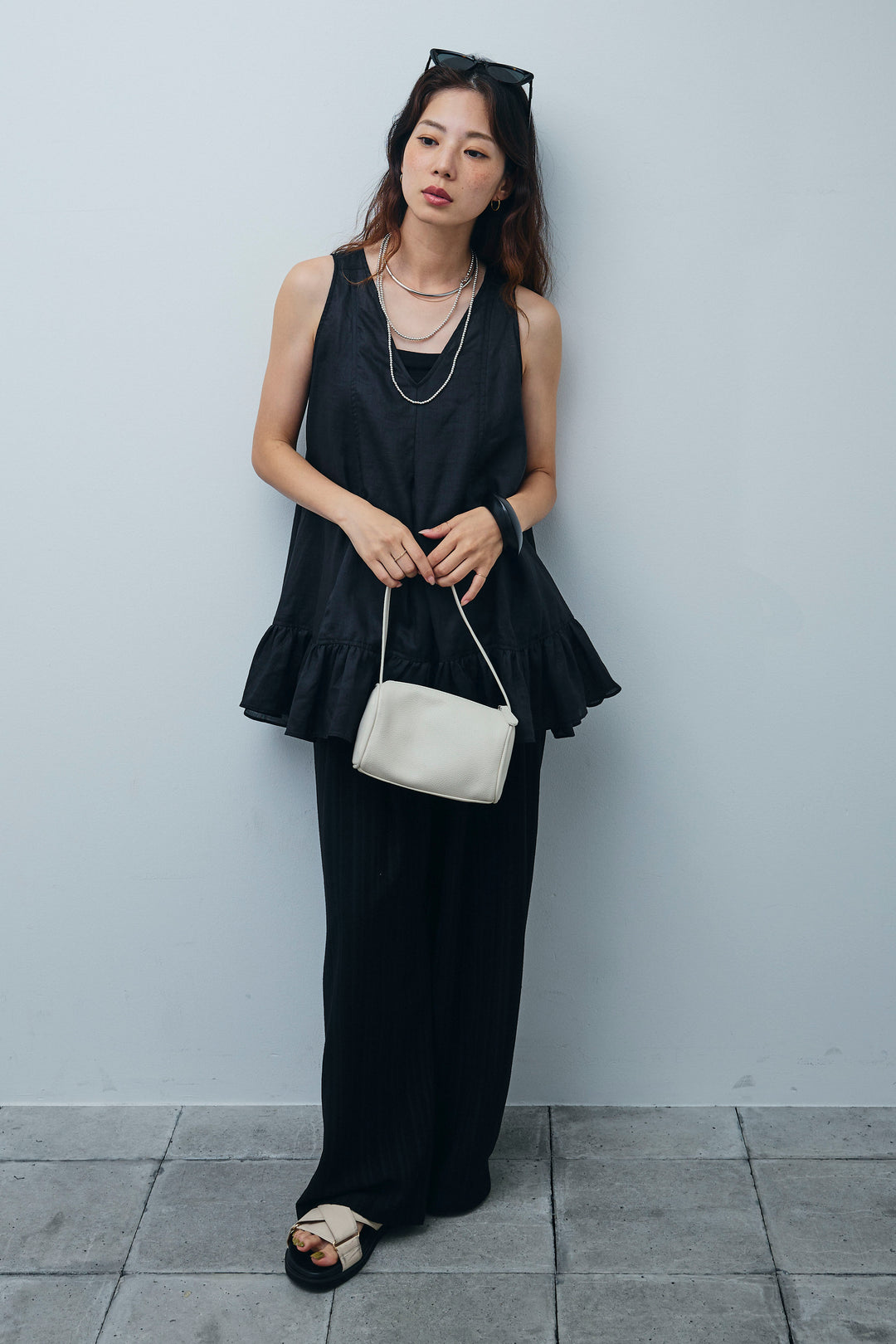 [予約/SET]リネン100%バックレースアップブラウス+ニュアンスラインワイドパンツ(2set)