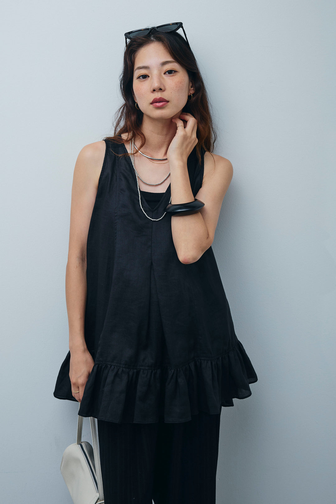 [予約/SET]リネン100%バックレースアップブラウス+ニュアンスラインワイドパンツ(2set)